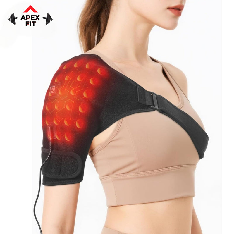 Apex Fit heated shoulder wrap in black, shown worn over one shoulder with the heating area glowing warm.