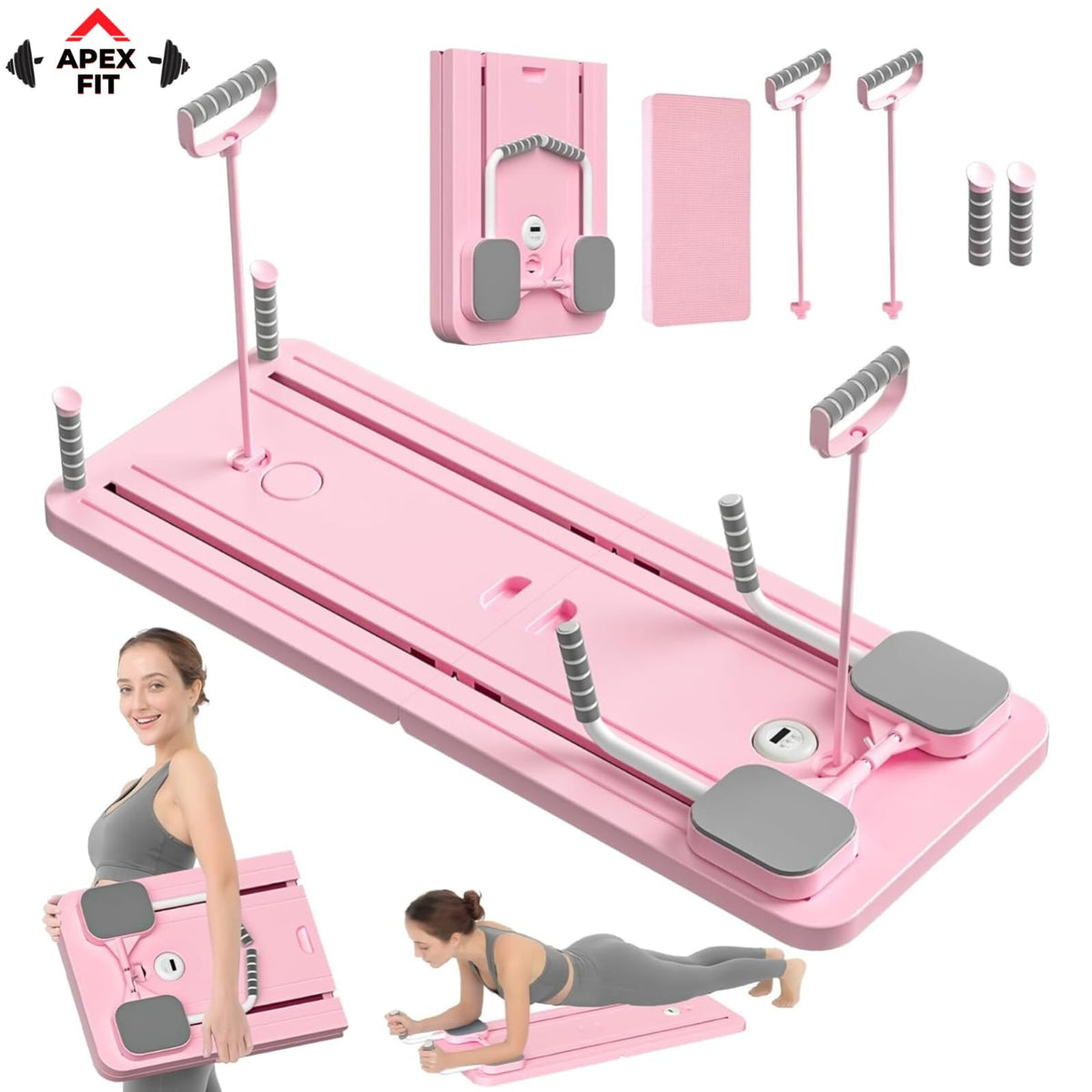 Apex Fit portable Pilates reformer board in pink, laid out with its resistance bands, foam handles and mat.