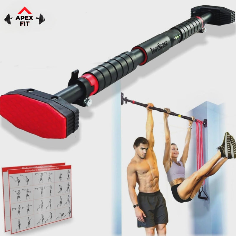 Apex Fit hallway and doorway pull-up bar in black and red, shown mounted between two walls with a man and a woman training on it.