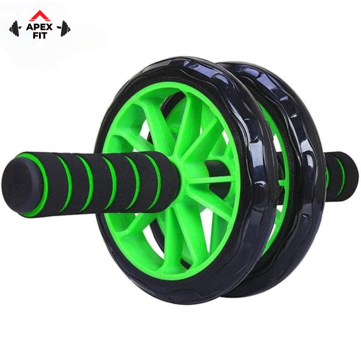 Apex Fit dual wheel ab roller in green and black with a ribbed foam grip.
