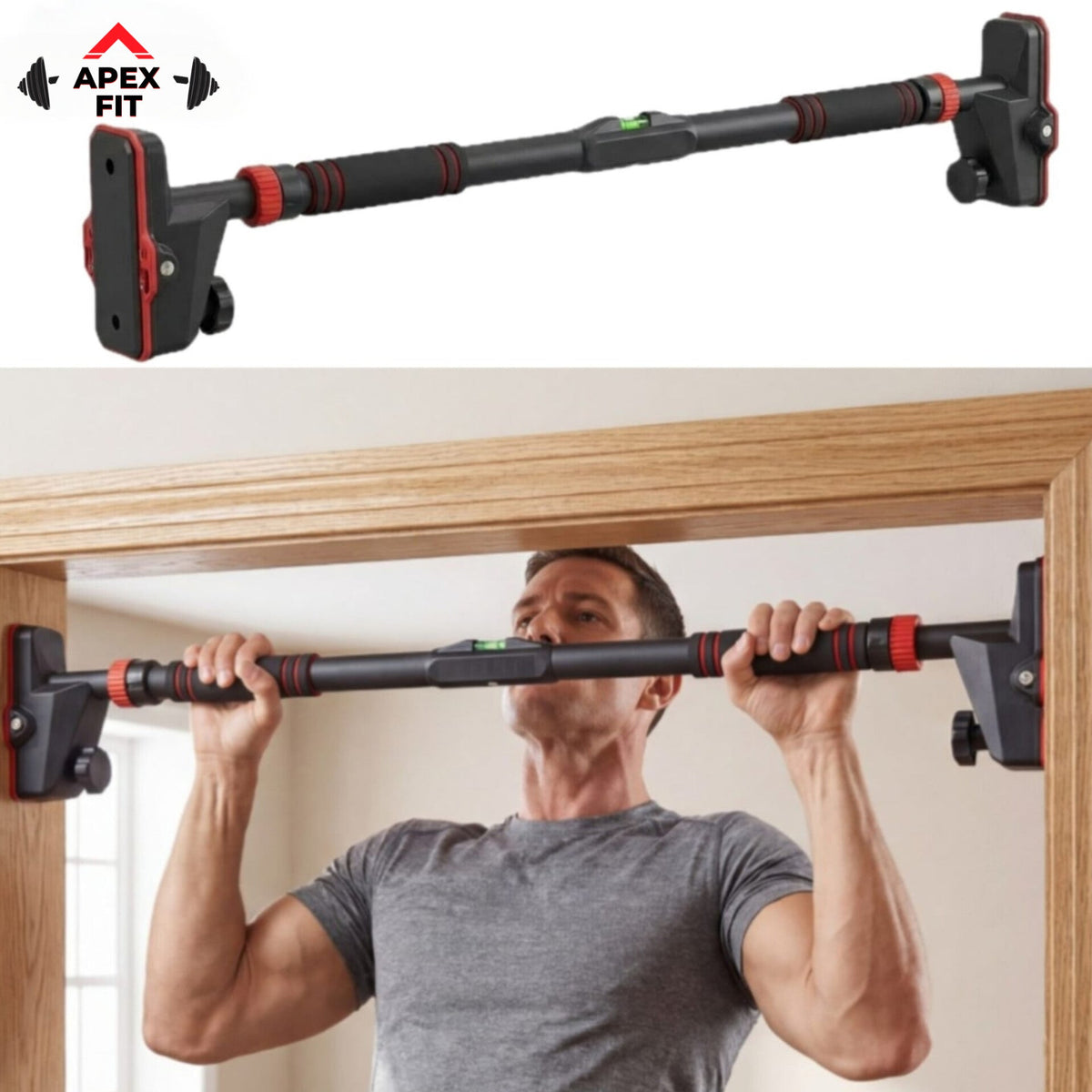 Apex Fit premium doorway pull-up bar in black and red with a spirit level, shown fitted across a door frame with a man pulling up on it.