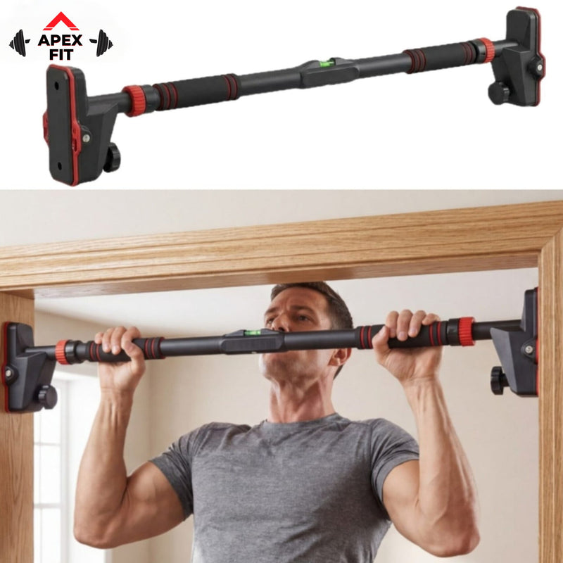 Apex Fit premium doorway pull-up bar in black and red with a spirit level, shown fitted across a door frame with a man pulling up on it.