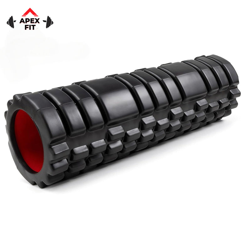 Apex Fit textured foam roller in black with a red hollow core.
