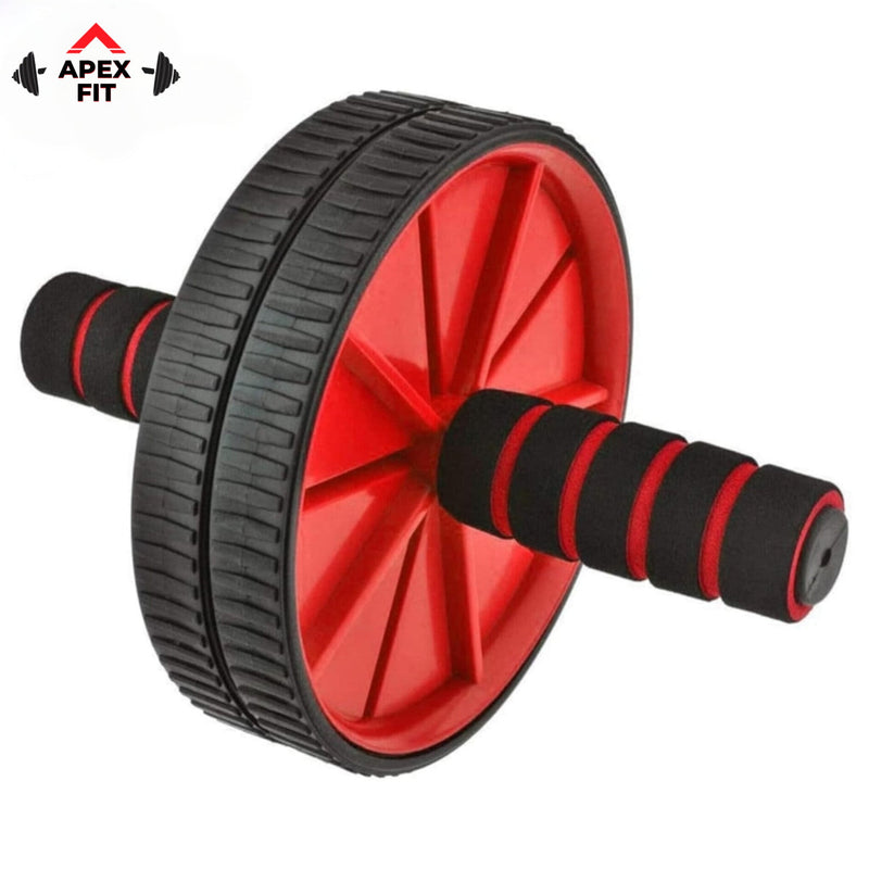Apex Fit dual-wheel ab roller in black and red with padded foam handles.