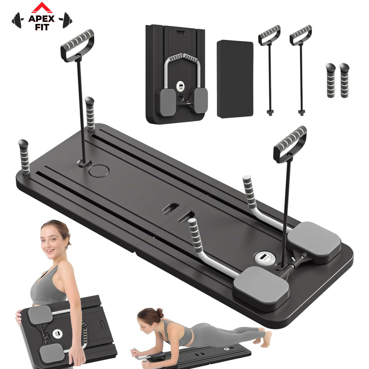 Apex Fit portable Pilates reformer board in black, laid out with its resistance bands, foam handles and mat, shown with a woman carrying it folded and using it in a plank.