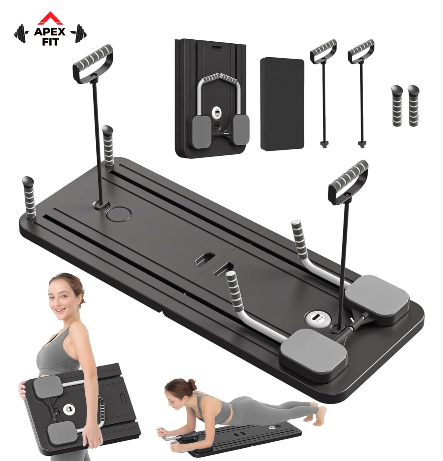 Apex Fit portable Pilates reformer board in black, laid out with its resistance bands, foam handles and mat, shown with a woman carrying it folded and using it in a plank.