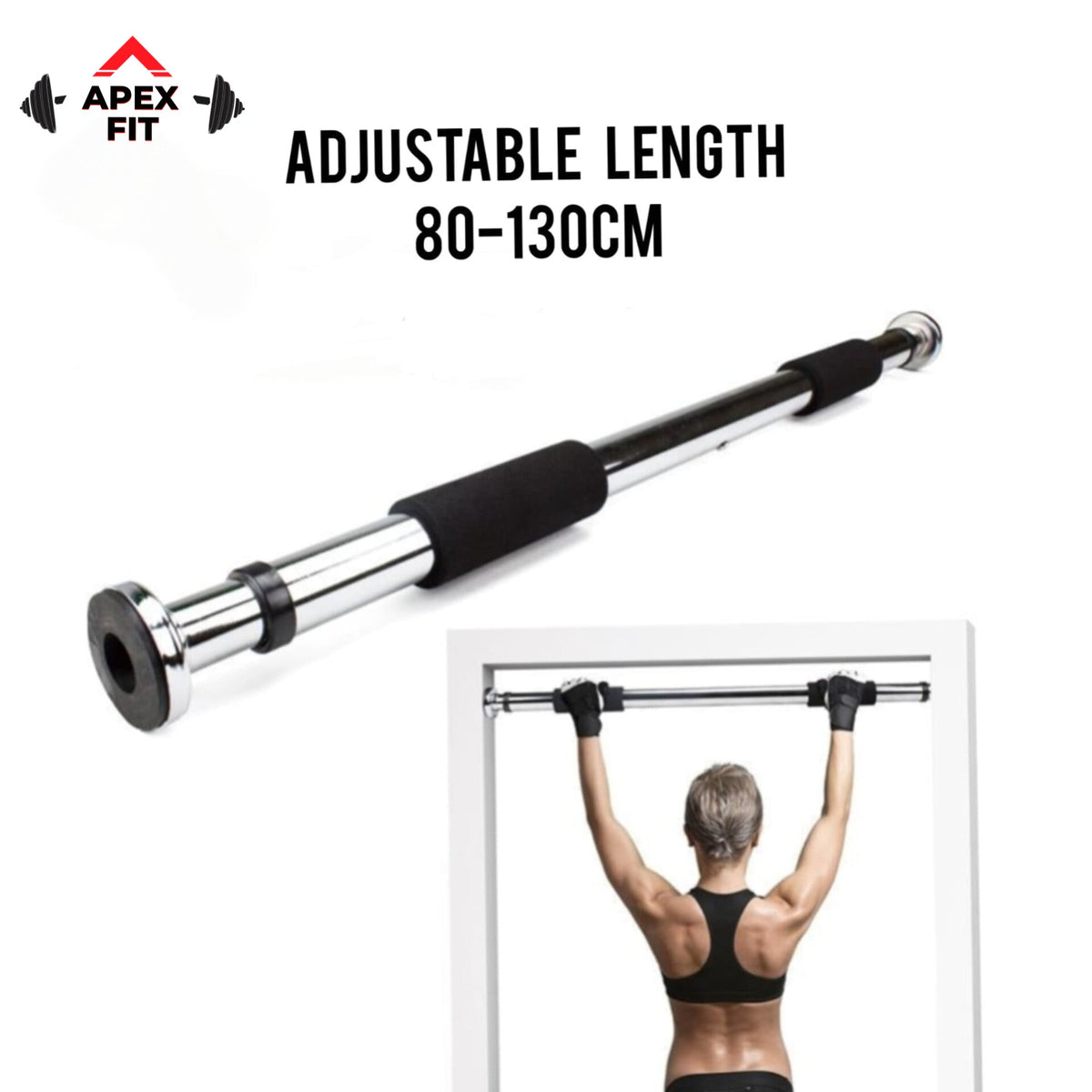 Apex Fit iron doorway gym bar in the 80 to 130 cm length, shown fitted in a doorway.