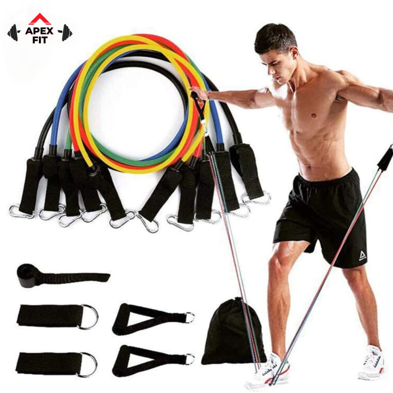 Apex Fit resistance band set: five colour-coded tubes with handles, ankle straps, a door anchor and a carry bag, shown with a man training with them.