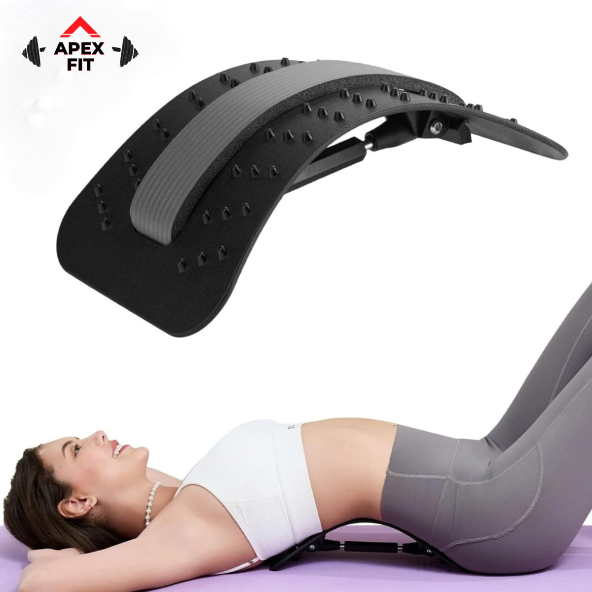 Apex Fit adjustable back stretcher: a black arched board with acupressure nodes, shown with a woman lying back over it.