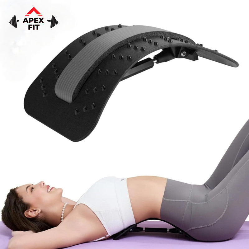 Apex Fit adjustable back stretcher: a black arched board with acupressure nodes, shown with a woman lying back over it.