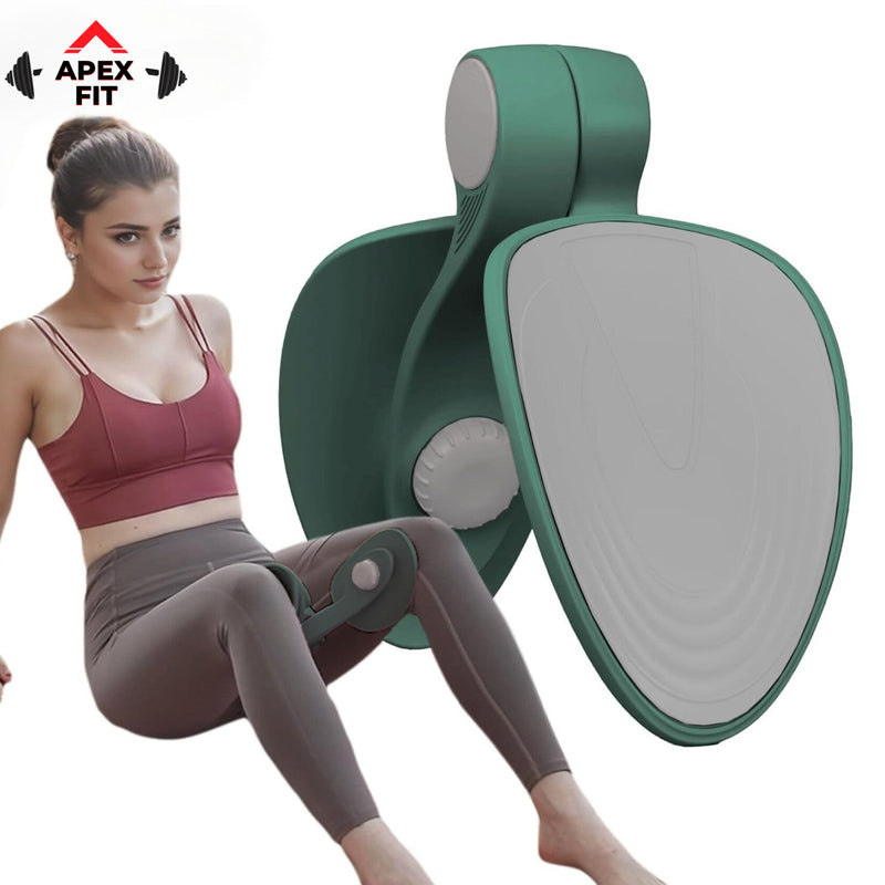 Apex Fit thigh master leg exerciser, a padded spring trainer shown in use.