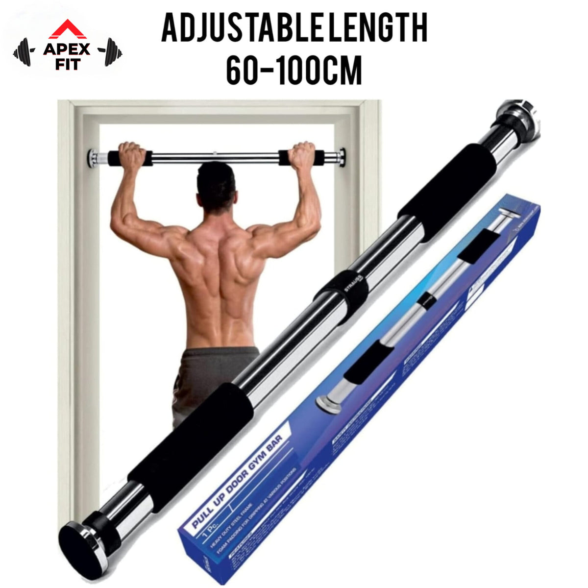 Apex Fit iron doorway gym bar in the 60 to 100 cm length, shown fitted in a doorway with its retail box.