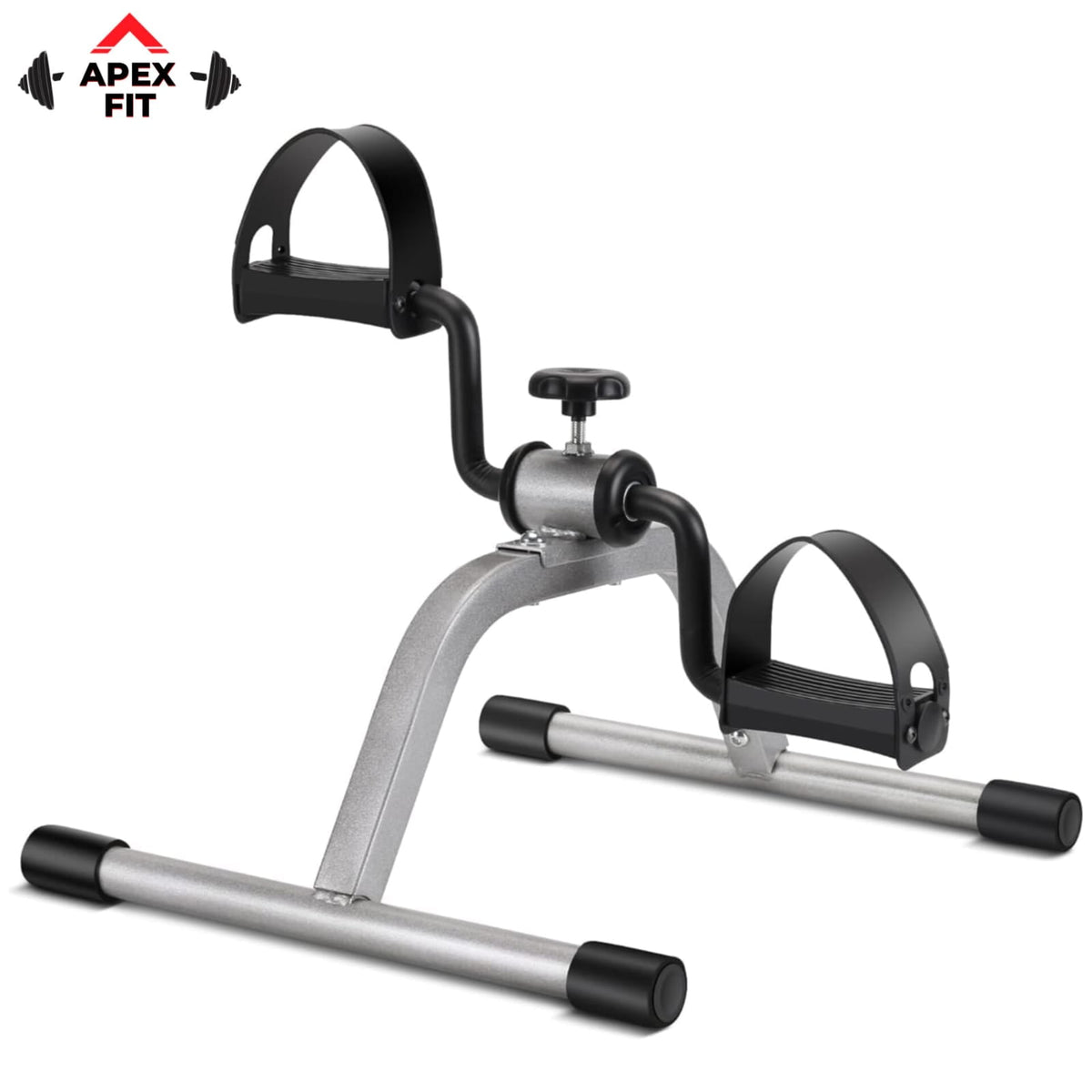 Apex Fit mini exercise bike for arms and legs, with a resistance knob, non-slip pedals with foot straps and a stable steel frame.