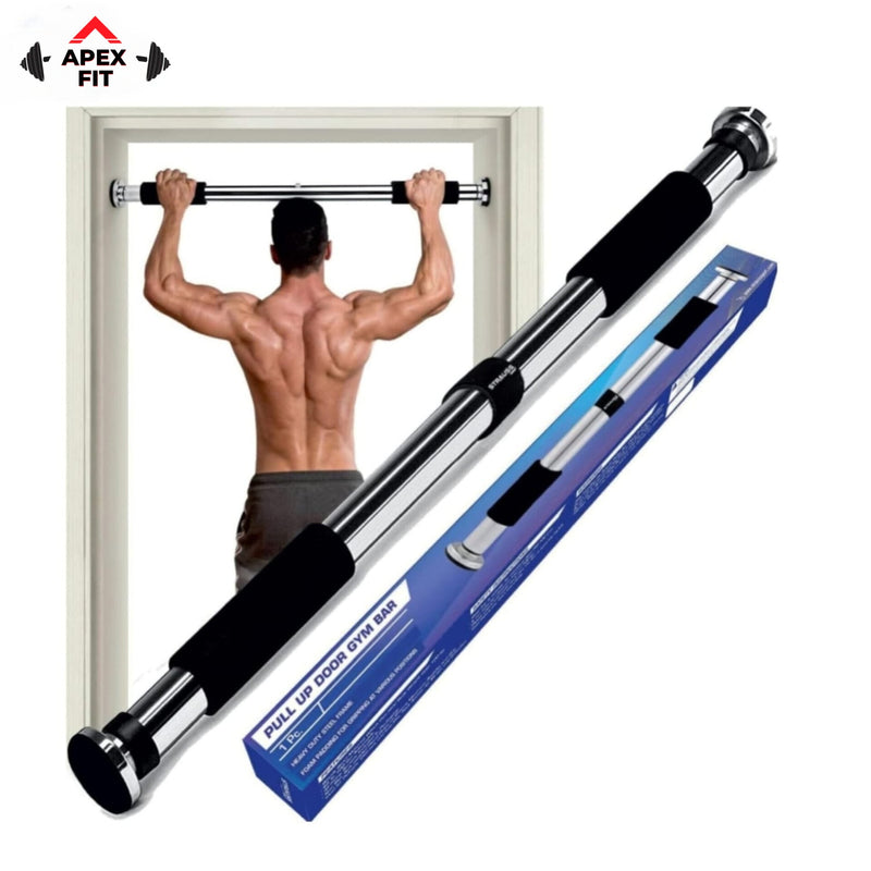 Apex Fit iron doorway gym bar in black and red with honeycomb-textured end plates, shown from two angles.