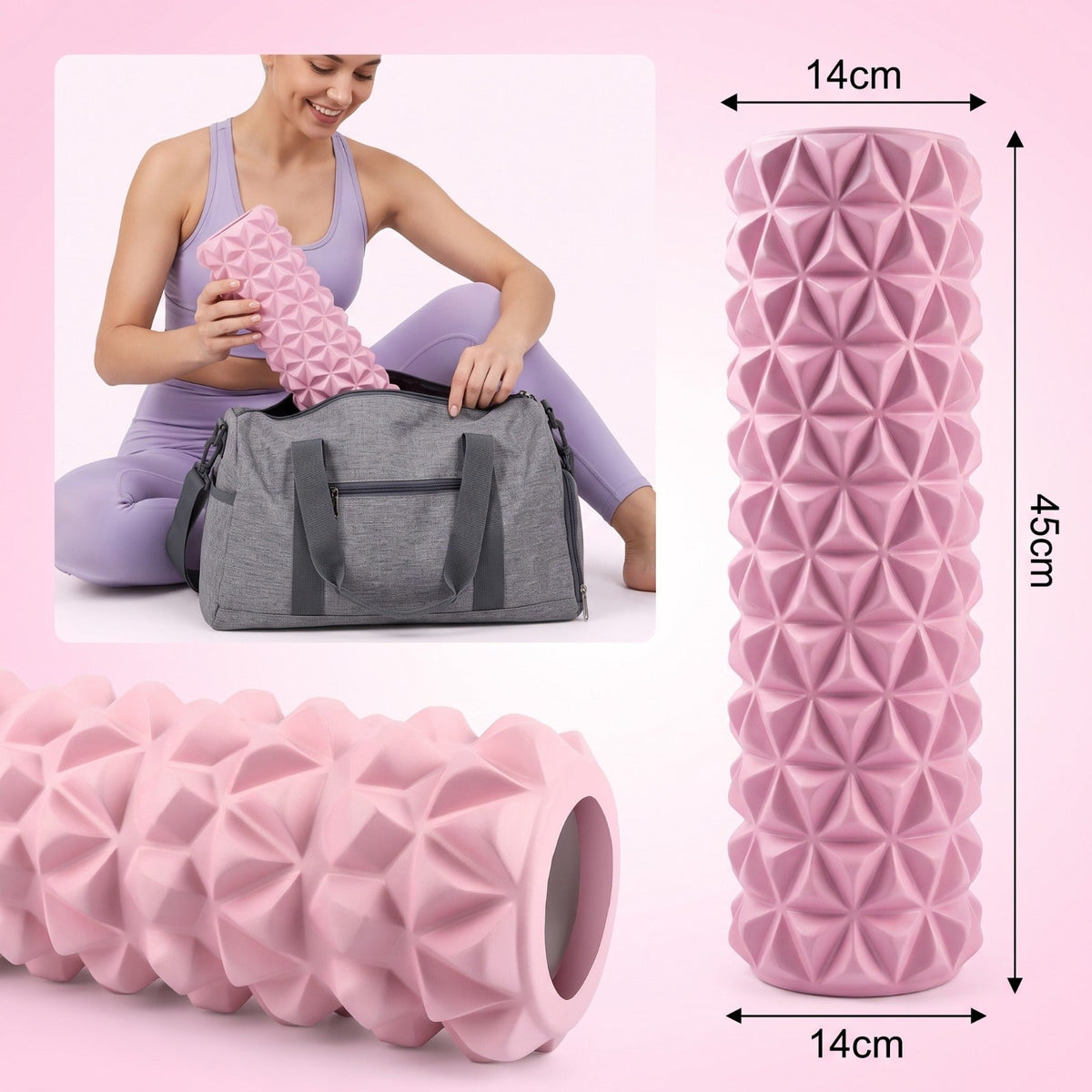 Trigger point foam roller, 45 x 14 cm size, shown with dimensions and fitting in a gym bag